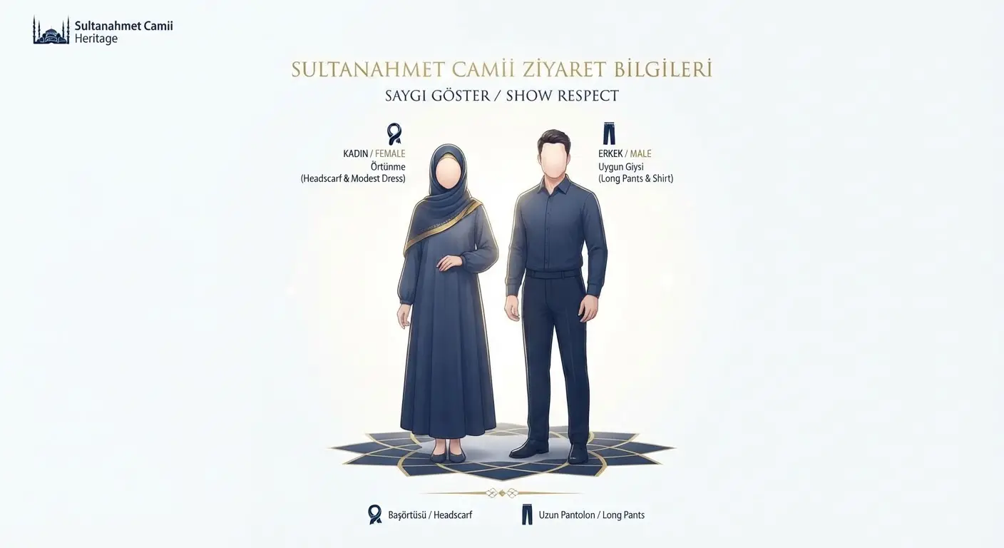 An illustration of respectful mosque attire: a visitor in a headscarf and a visitor in long trousers, shoulders and knees covered.