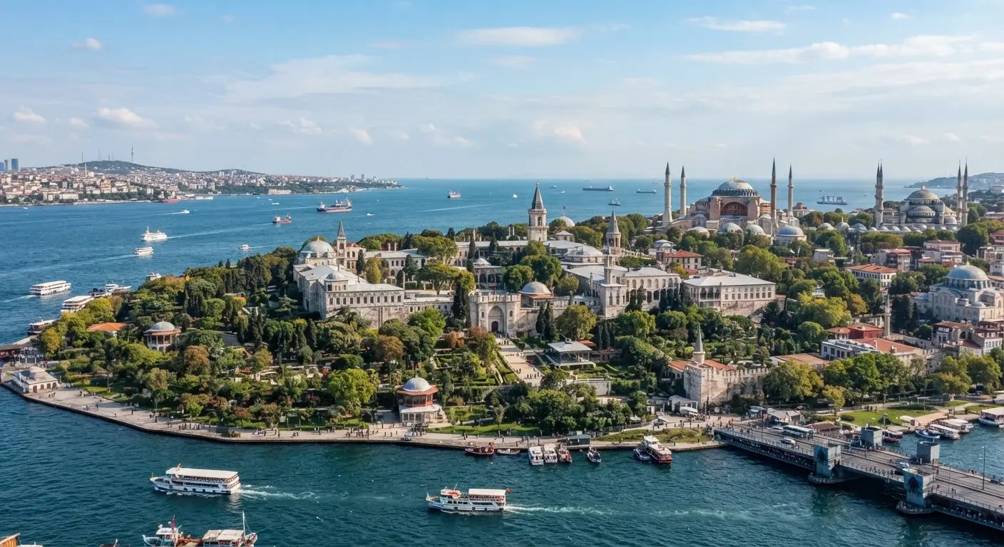 A courtyard gate of Topkapı Palace, its carved stone arch opening onto the palace grounds.