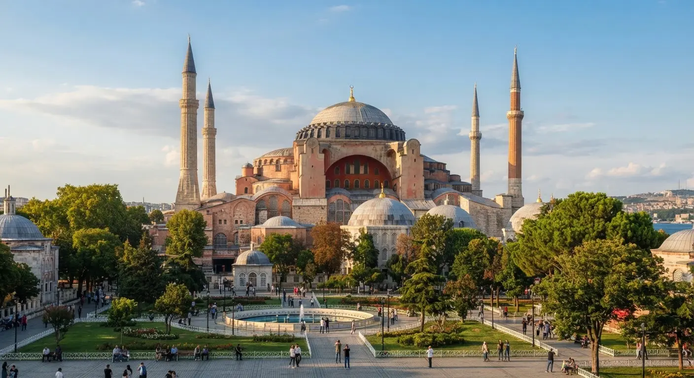 The Hagia Sophia seen from the outside, its great dome and buttresses above the surrounding trees.