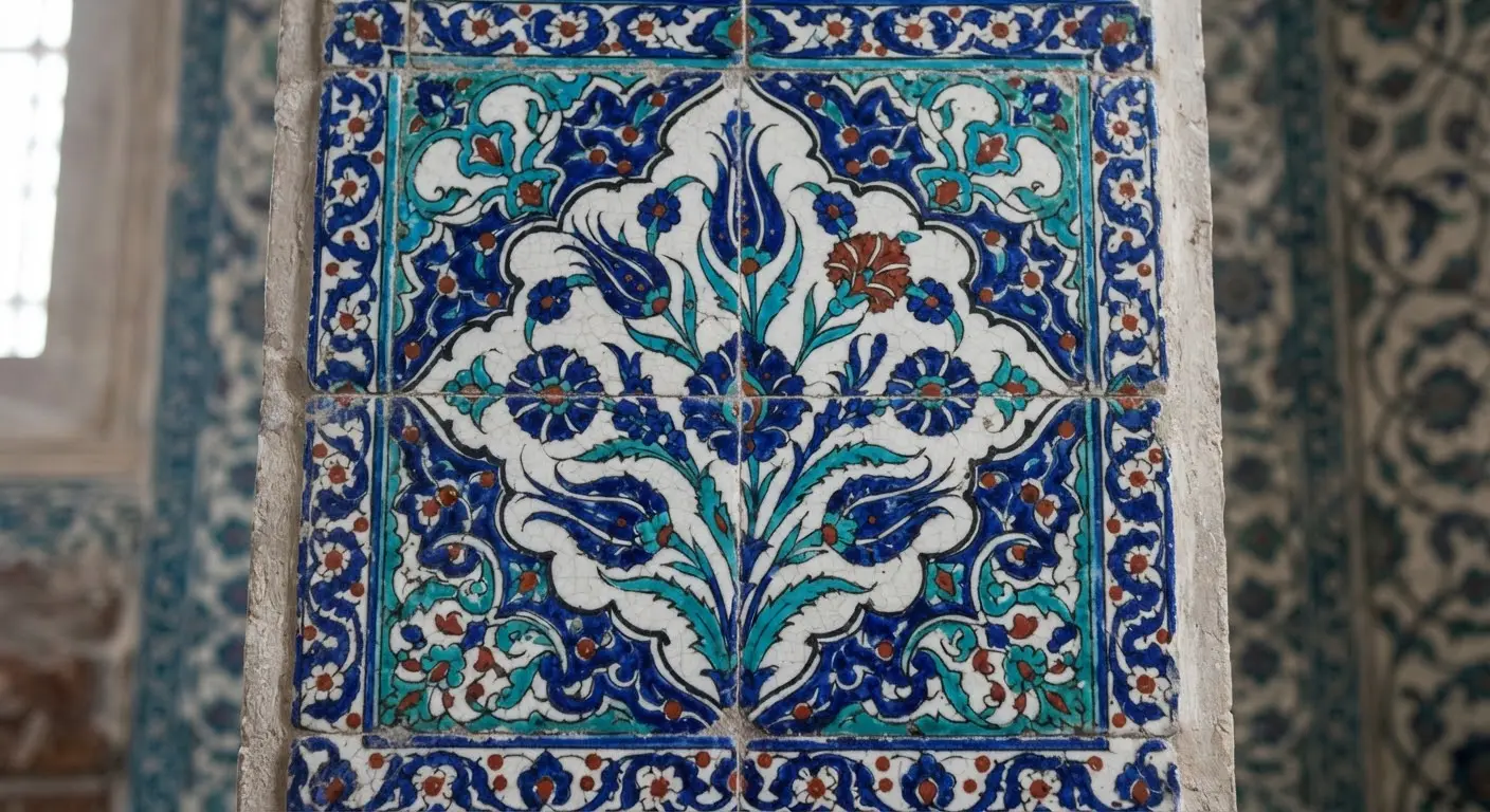 A close view of the hand-painted blue Iznik tiles lining the mosque interior, patterned with tulips and carnations.