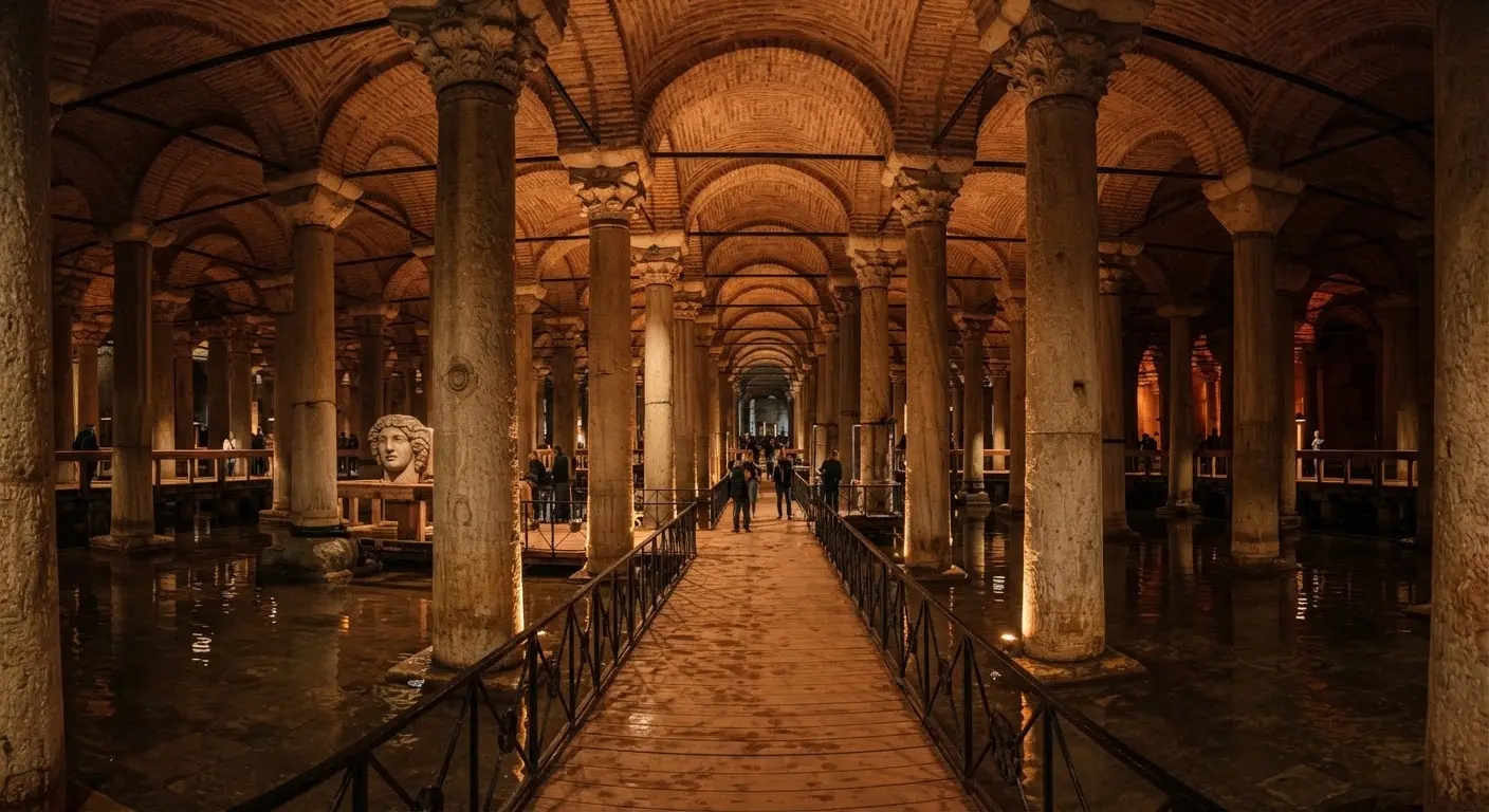 Rows of lit marble columns rising from shallow water beneath the Basilica Cistern’s brick vaults.