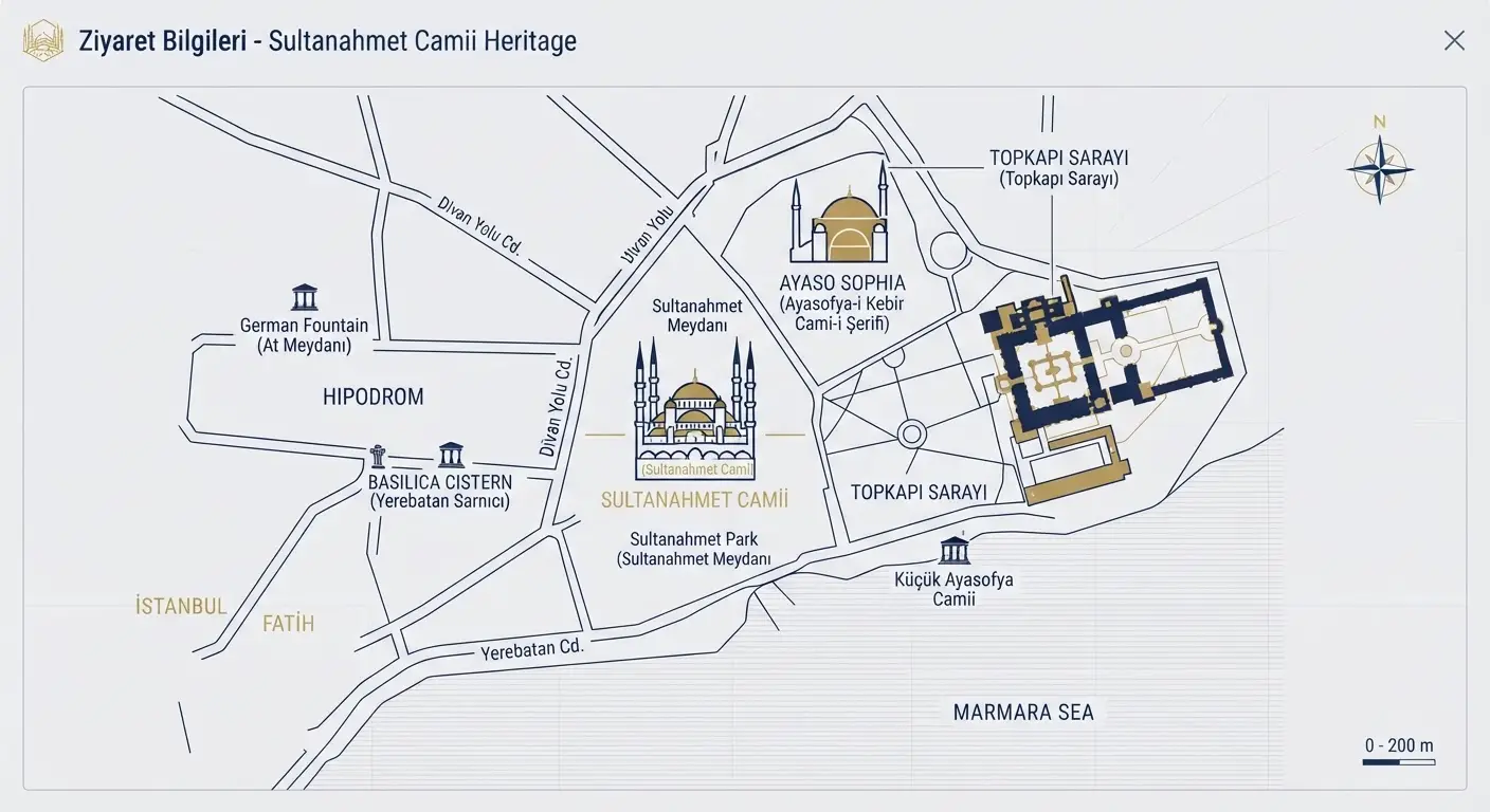 A stylised map of the Sultanahmet district of Istanbul with the mosque marked.